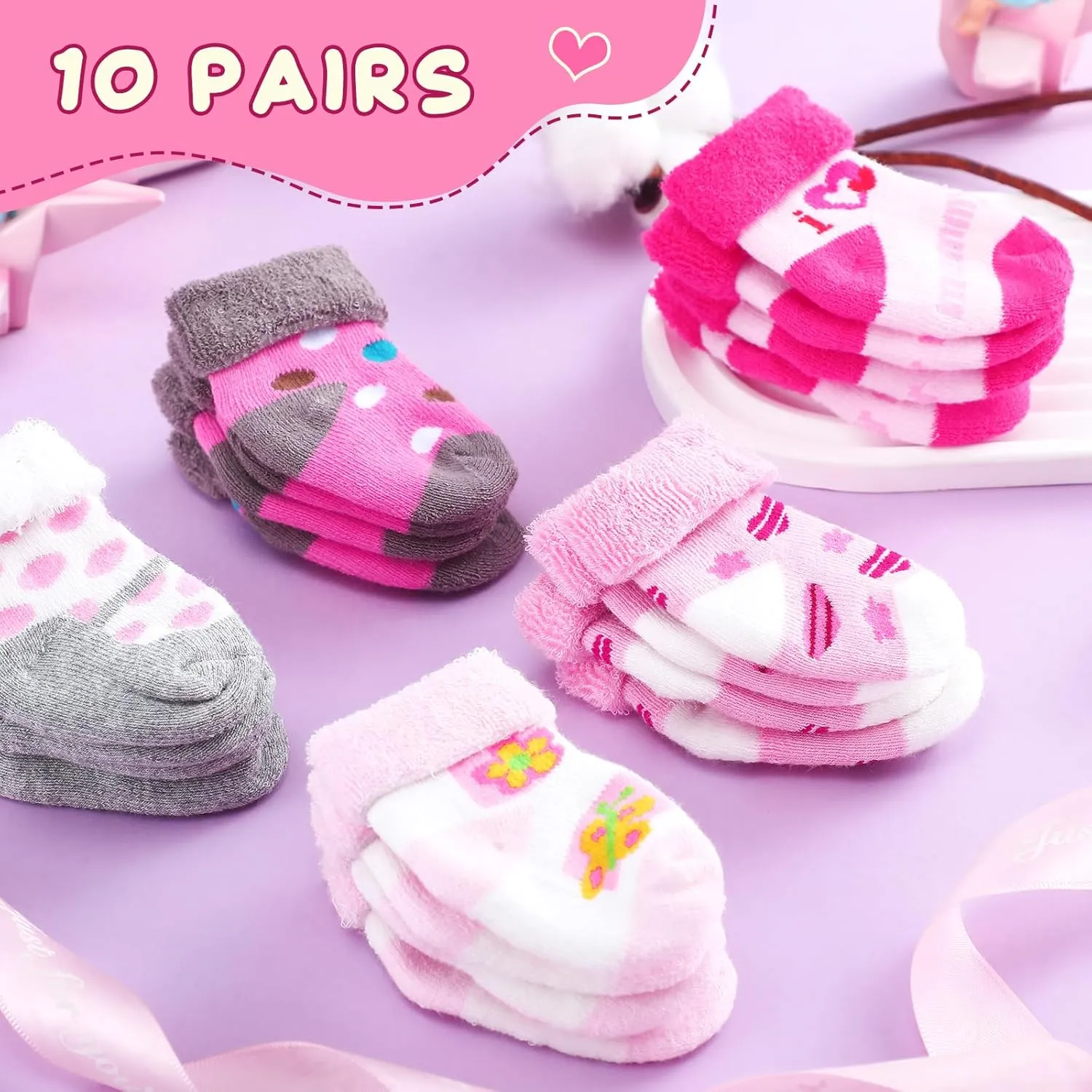 10 Pairs Preemie Baby Terry Cotton Turn Cuff Socks for Newborn Girls Boys - Nicu