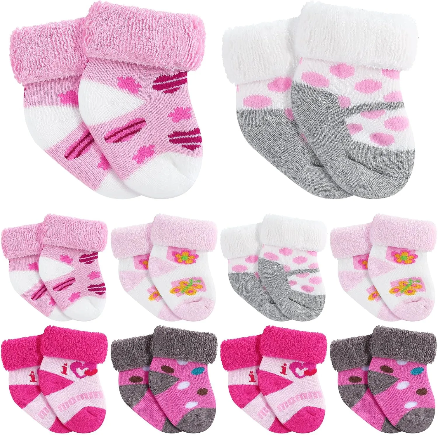 10 Pairs Preemie Baby Terry Cotton Turn Cuff Socks for Newborn Girls Boys - Nicu