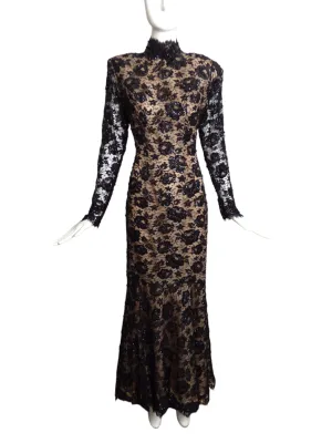 1980s Black Sequin & Beaded Lace Evening Gown, Size 6