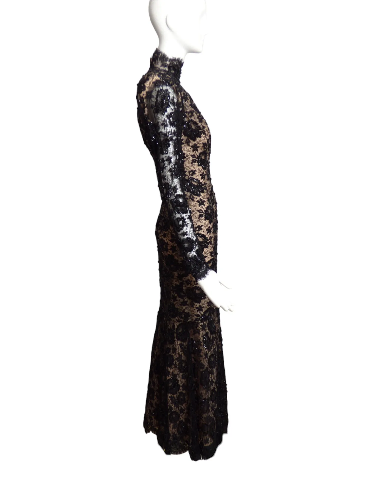 1980s Black Sequin & Beaded Lace Evening Gown, Size 6