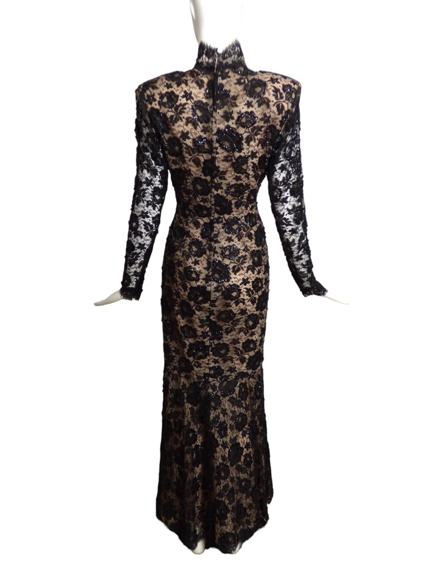 1980s Black Sequin & Beaded Lace Evening Gown, Size 6