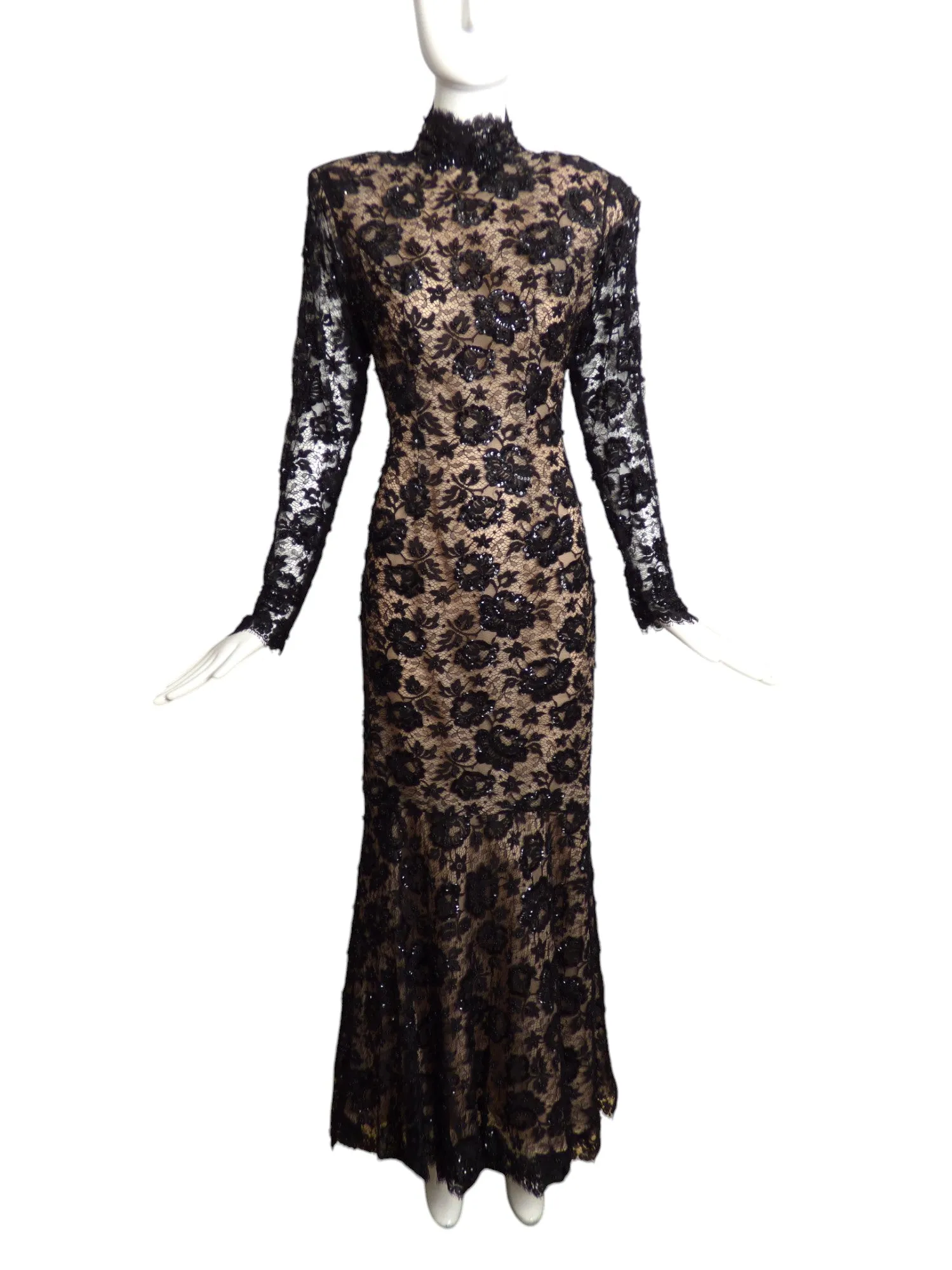 1980s Black Sequin & Beaded Lace Evening Gown, Size 6