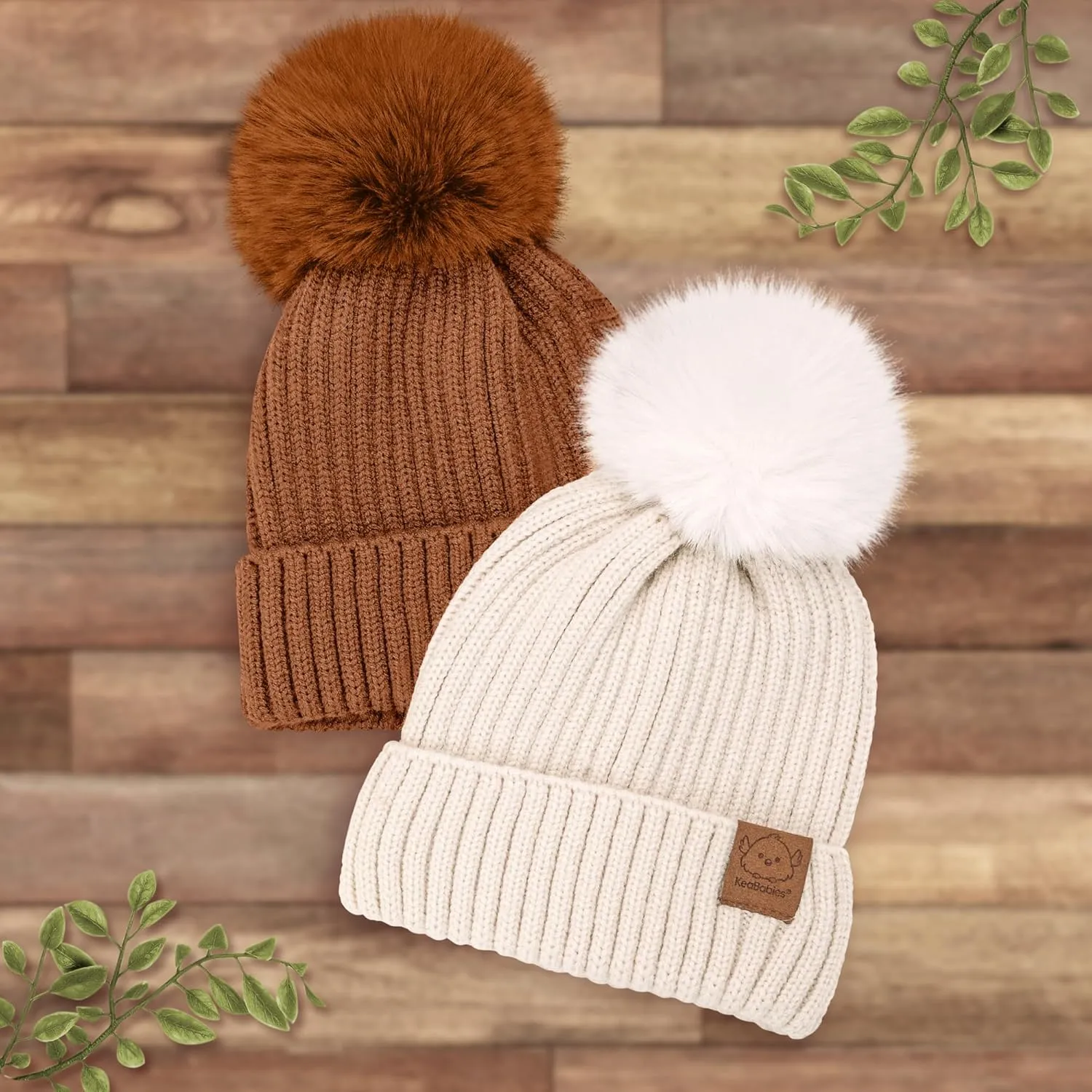2-Pack Baby Hats for Girls, Boys - Stretchy Baby Beanies, Cute Newborn & Toddler Winter Hat, Soft & Warm Pom Pom Beanie for Infant, Toddler, Boys, Girls 0-6 Months (Rust, S)