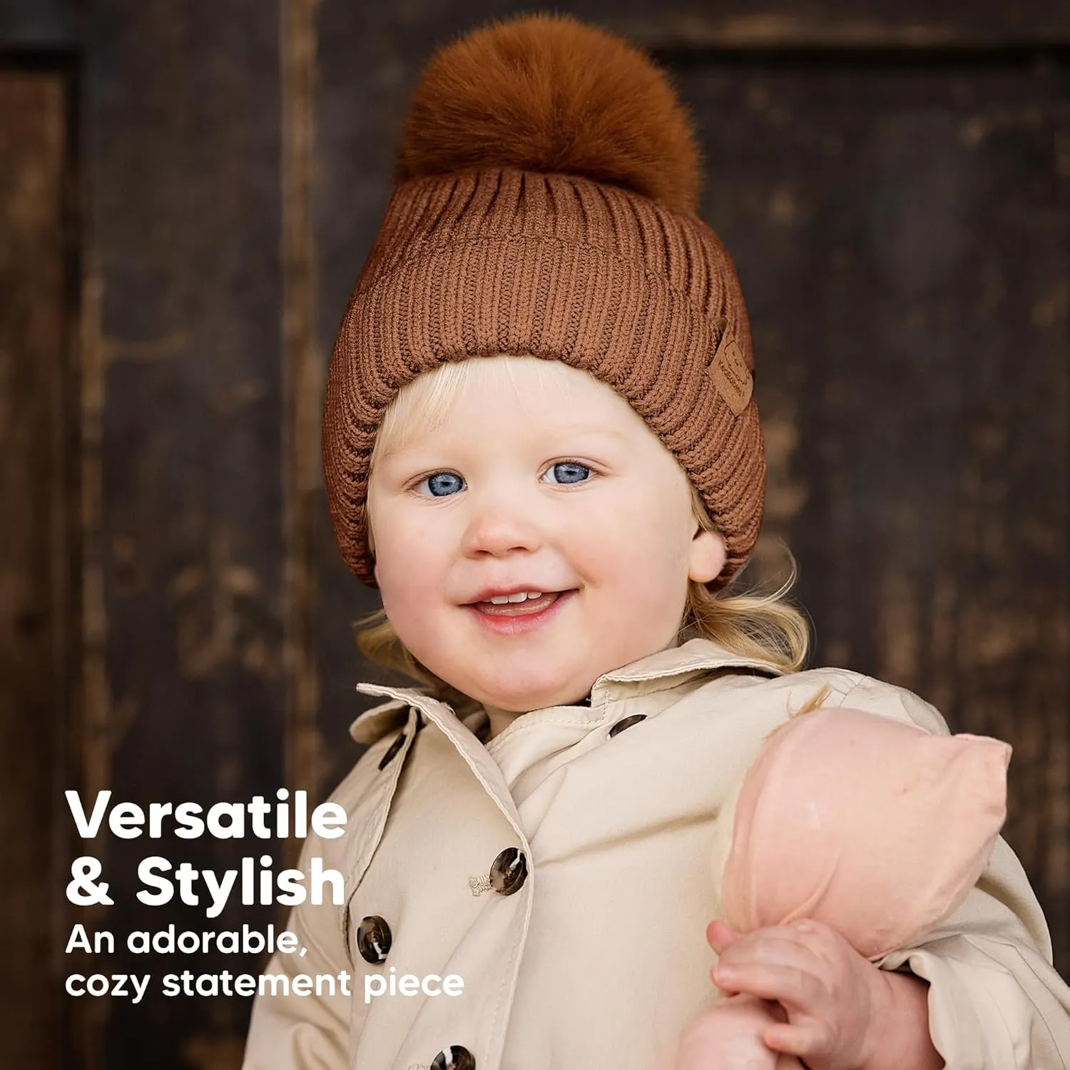 2-Pack Baby Hats for Girls, Boys - Stretchy Baby Beanies, Cute Newborn & Toddler Winter Hat, Soft & Warm Pom Pom Beanie for Infant, Toddler, Boys, Girls 0-6 Months (Rust, S)