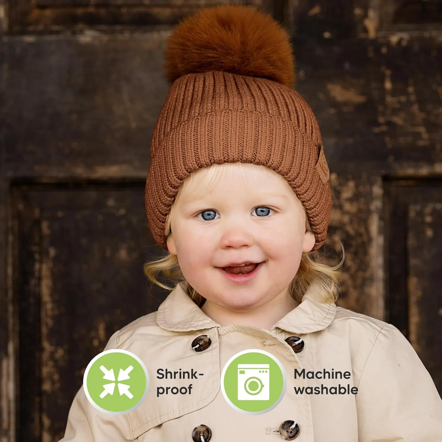2-Pack Baby Hats for Girls, Boys - Stretchy Baby Beanies, Cute Newborn & Toddler Winter Hat, Soft & Warm Pom Pom Beanie for Infant, Toddler, Boys, Girls 0-6 Months (Rust, S)