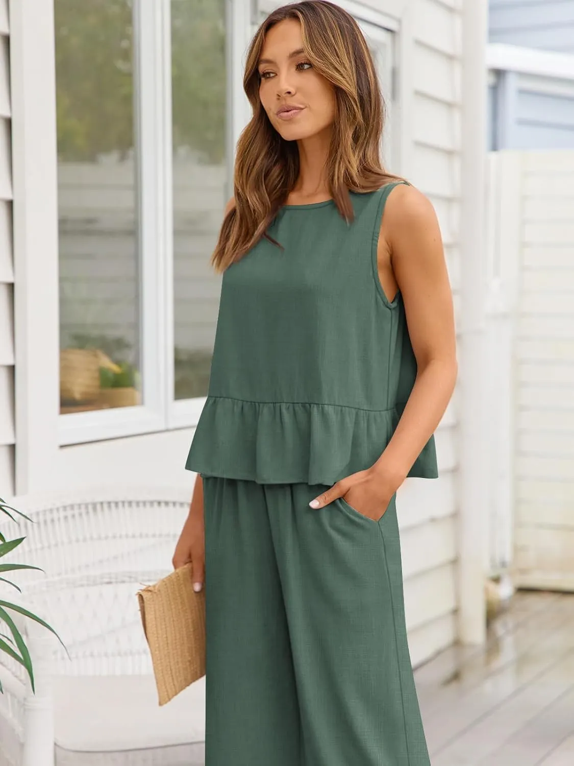 AUTOMET Womens Summer 2 Piece Outfits Linen Crop Tank Tops Lounge Matching Sets & Long Track Pants Tracksuits 2025