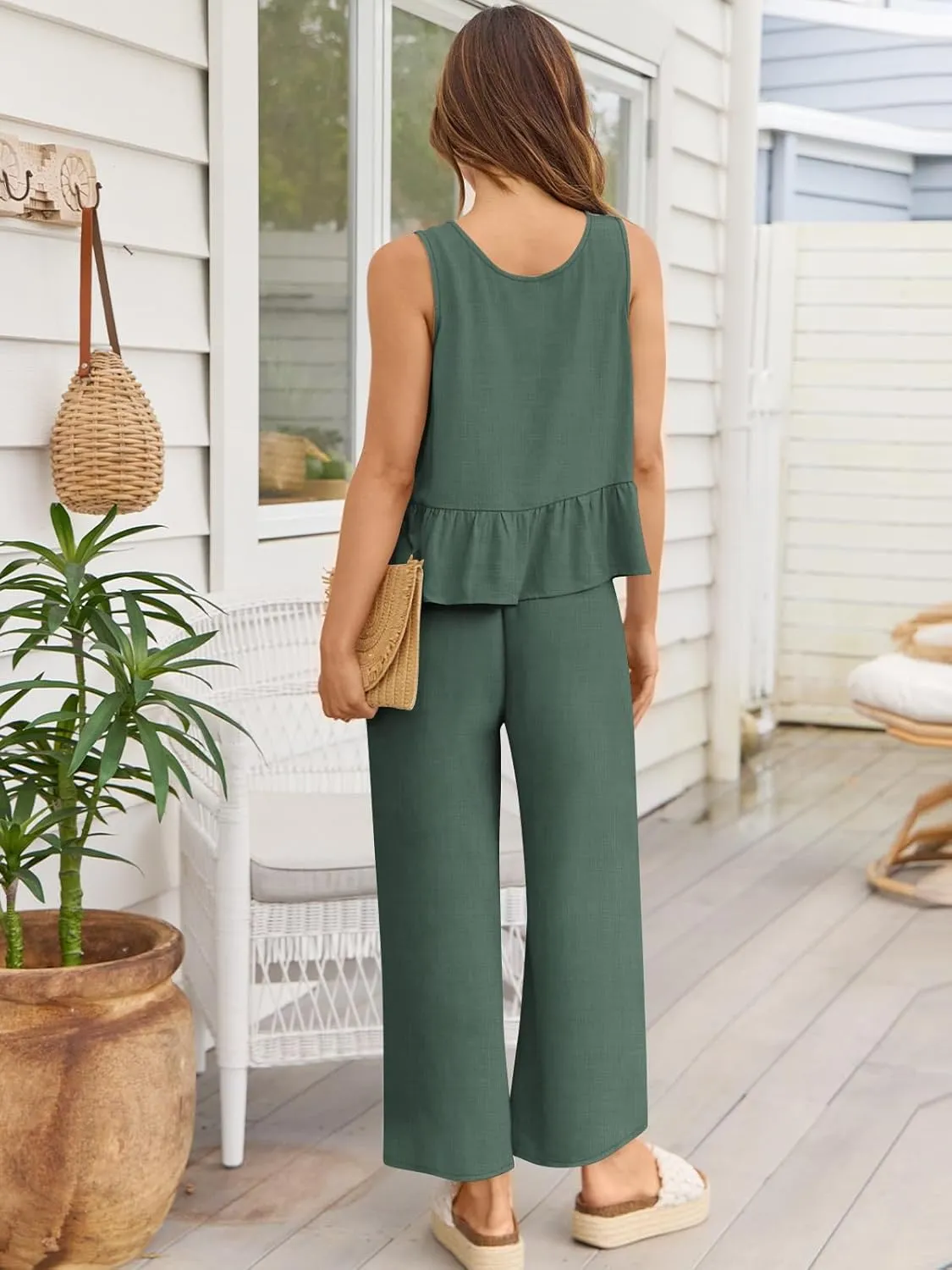 AUTOMET Womens Summer 2 Piece Outfits Linen Crop Tank Tops Lounge Matching Sets & Long Track Pants Tracksuits 2025