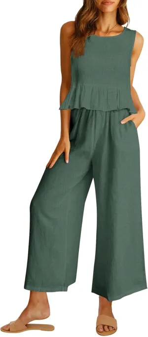 AUTOMET Womens Summer 2 Piece Outfits Linen Crop Tank Tops Lounge Matching Sets & Long Track Pants Tracksuits 2025