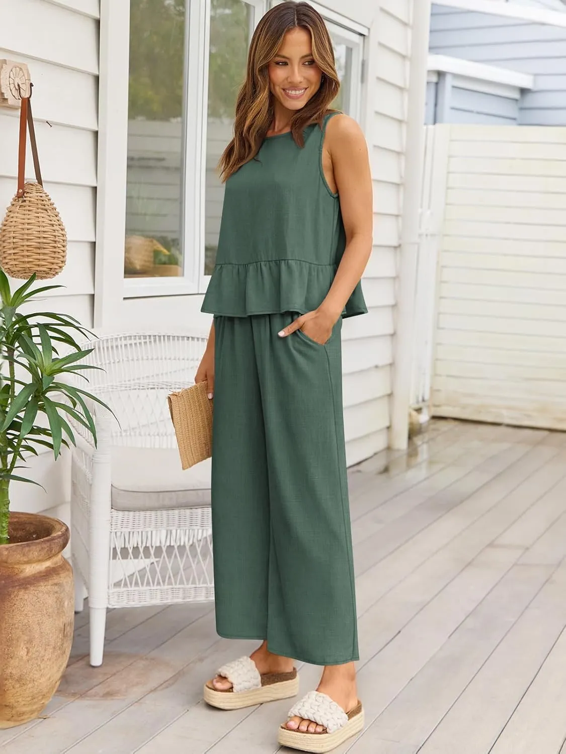 AUTOMET Womens Summer 2 Piece Outfits Linen Crop Tank Tops Lounge Matching Sets & Long Track Pants Tracksuits 2025