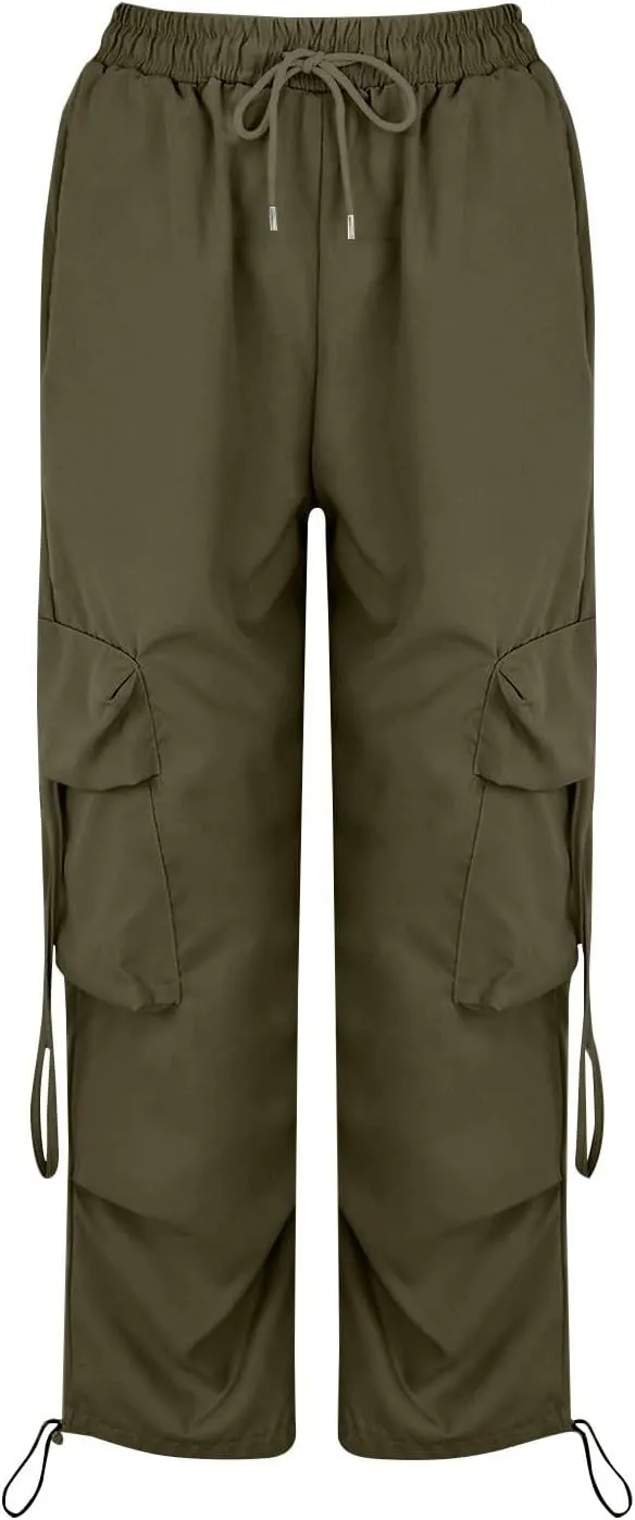 Baggy Cargo Pants Women Casual High Waisted Parachute Pants Drawstring Loose Hip Hop Wide Leg Pant Y2K Streetwear