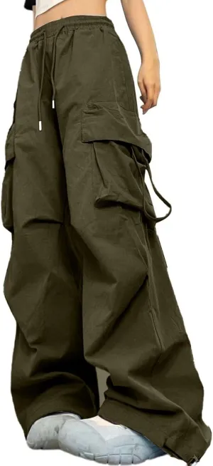 Baggy Cargo Pants Women Casual High Waisted Parachute Pants Drawstring Loose Hip Hop Wide Leg Pant Y2K Streetwear