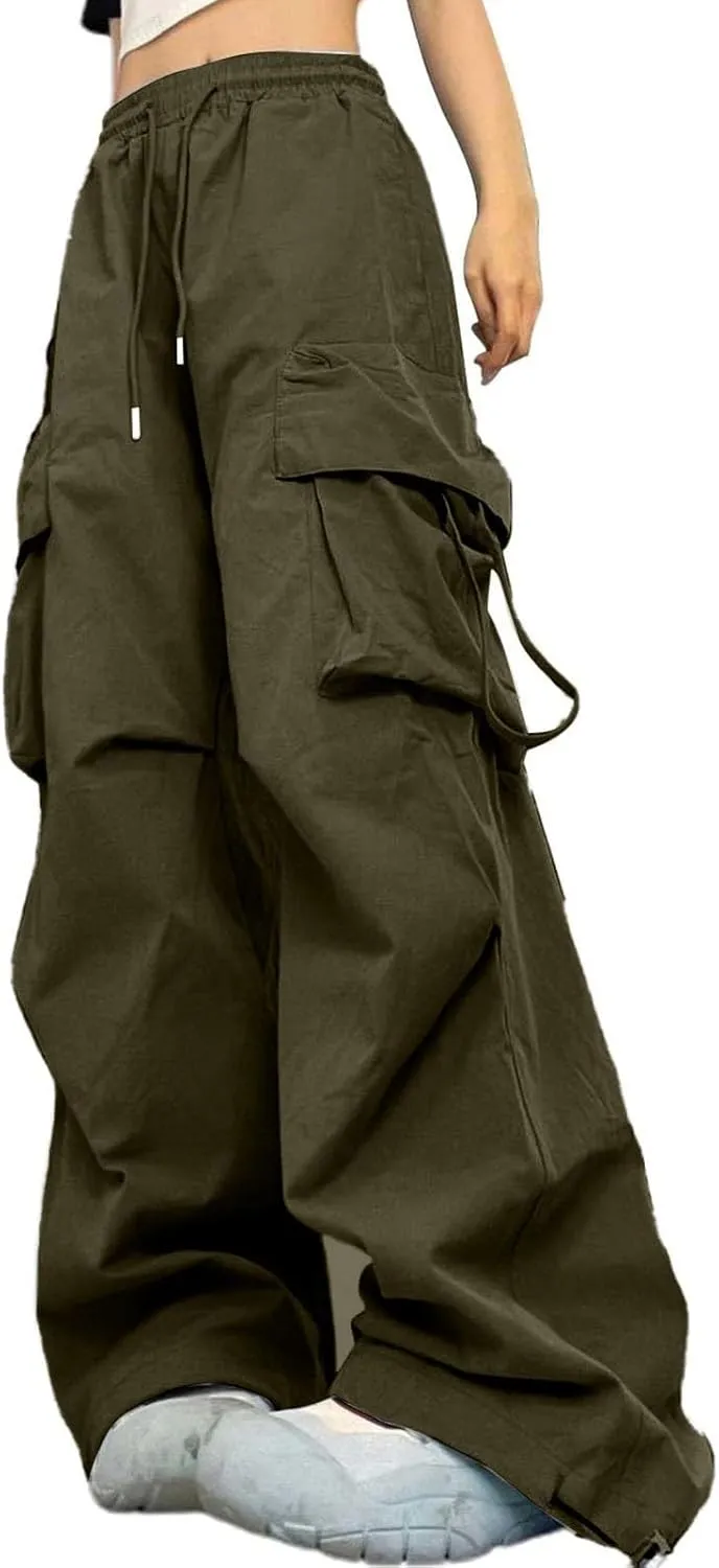 Baggy Cargo Pants Women Casual High Waisted Parachute Pants Drawstring Loose Hip Hop Wide Leg Pant Y2K Streetwear