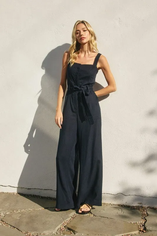 Bailey Sleeveless Waist Tie Wide Leg Jumpsuit Navy