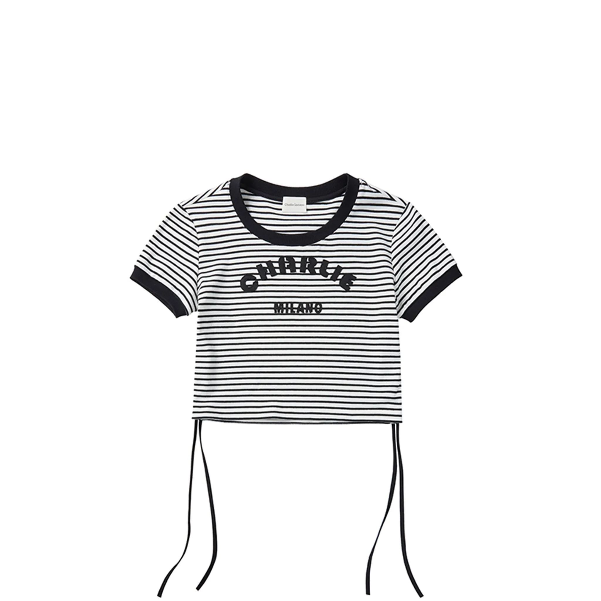 Black and White Striped Patch Logo Short-Sleeved T-Shirt