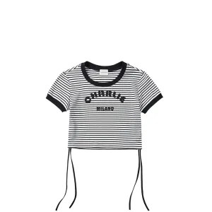 Black and White Striped Patch Logo Short-Sleeved T-Shirt