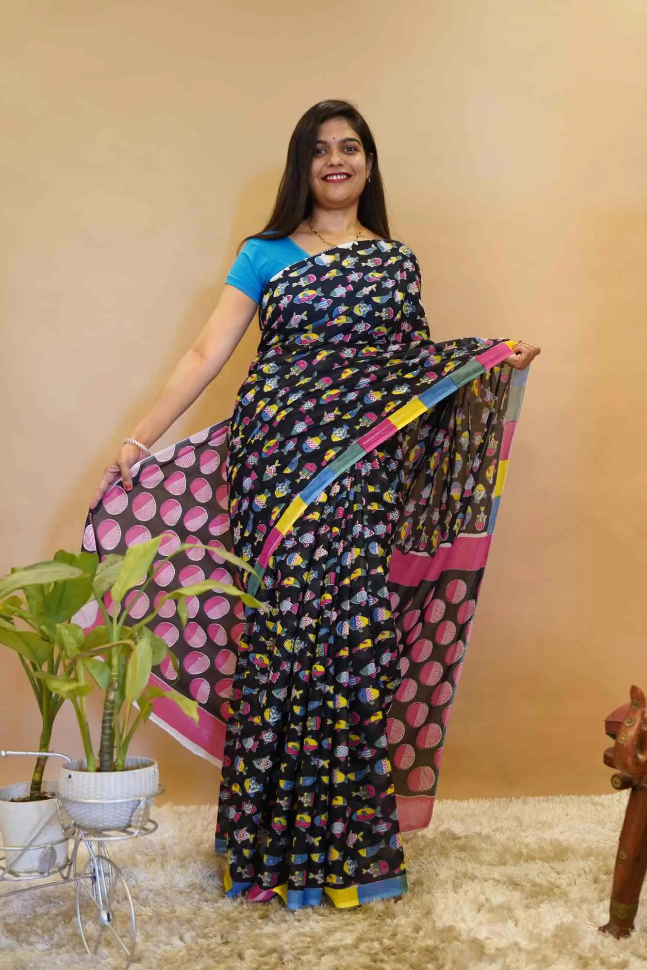 Black With Multicolor  Hand block Printed saree with mul mul cotton  wrap in 1 minute saree