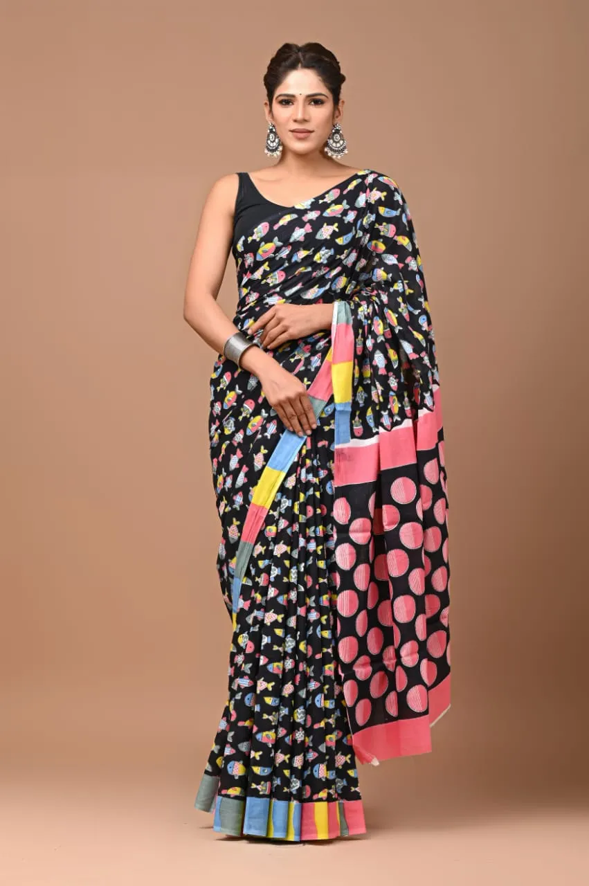 Black With Multicolor  Hand block Printed saree with mul mul cotton  wrap in 1 minute saree