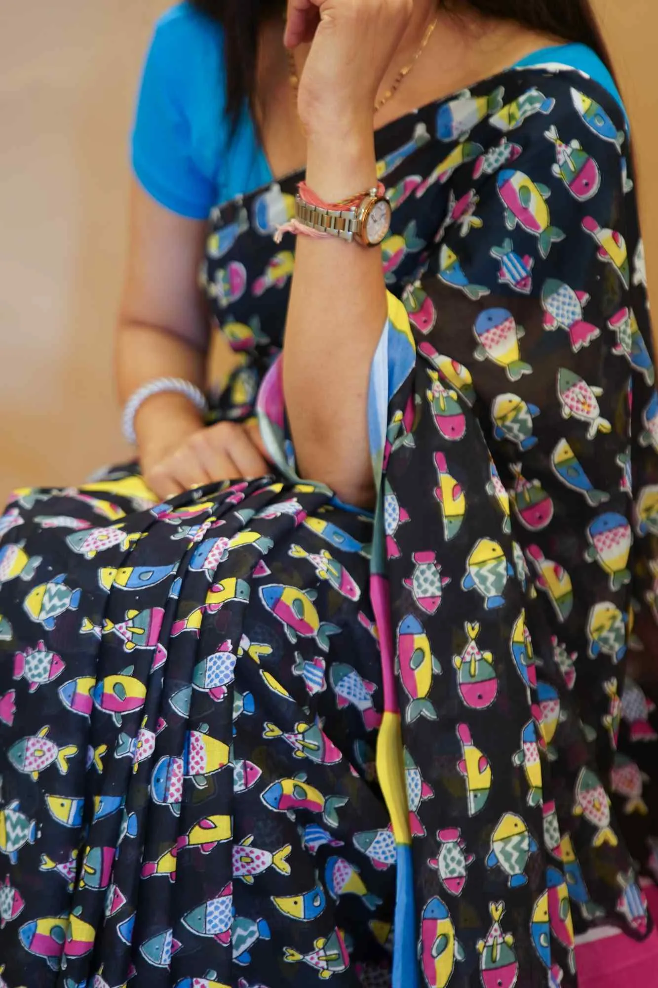 Black With Multicolor  Hand block Printed saree with mul mul cotton  wrap in 1 minute saree