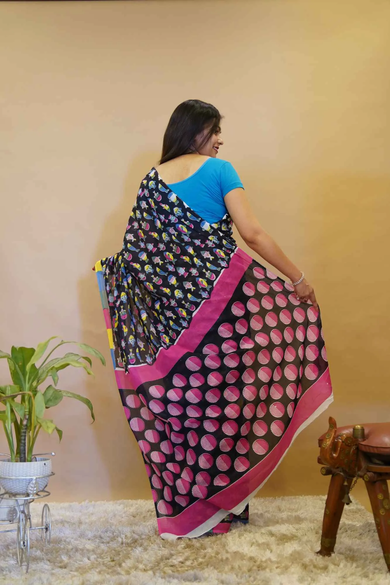 Black With Multicolor  Hand block Printed saree with mul mul cotton  wrap in 1 minute saree