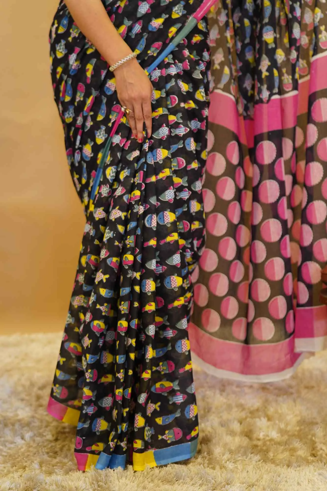 Black With Multicolor  Hand block Printed saree with mul mul cotton  wrap in 1 minute saree