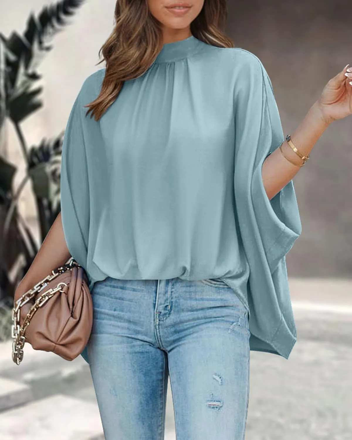 BTFBM Women Mock Neck Summer Tops 2025 Spring Batwing Short Sleeve Loose High Low Hem Casual Oversized Blouses Shirts