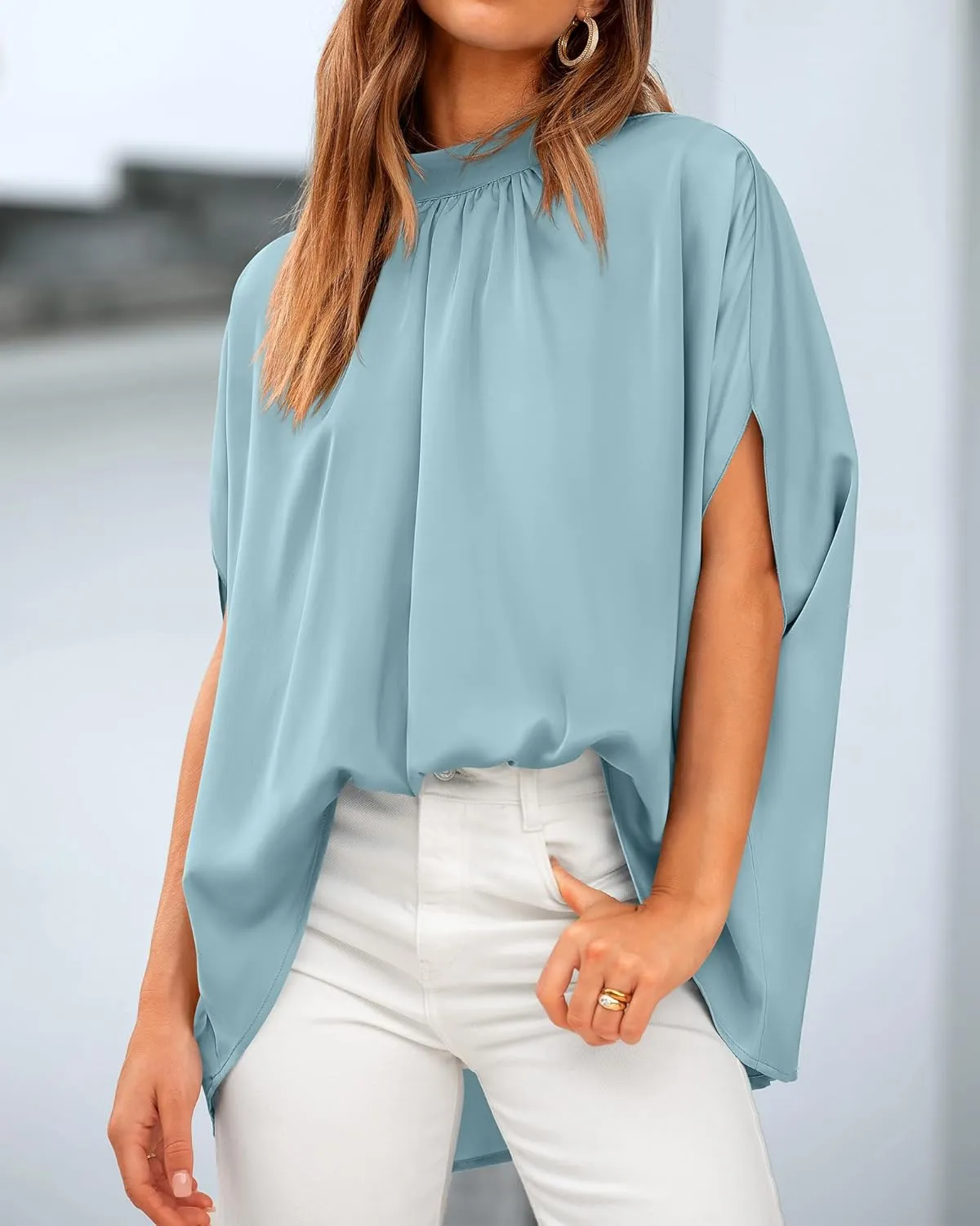 BTFBM Women Mock Neck Summer Tops 2025 Spring Batwing Short Sleeve Loose High Low Hem Casual Oversized Blouses Shirts