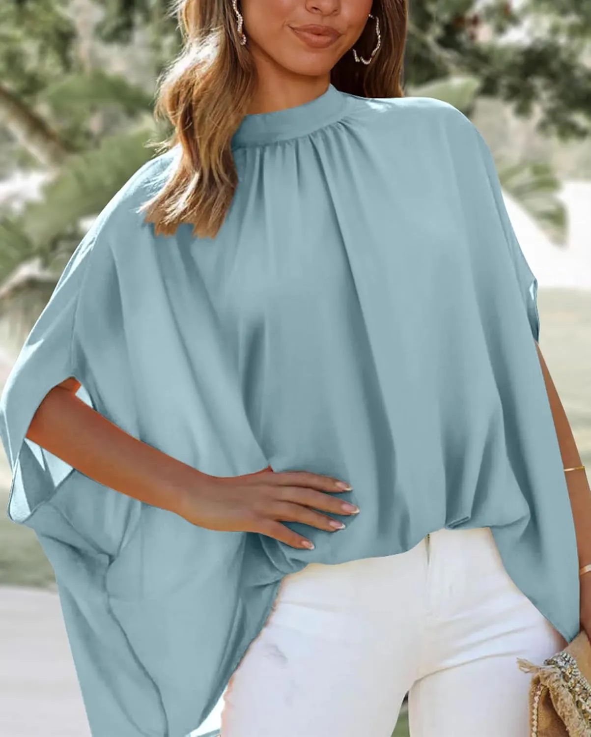 BTFBM Women Mock Neck Summer Tops 2025 Spring Batwing Short Sleeve Loose High Low Hem Casual Oversized Blouses Shirts