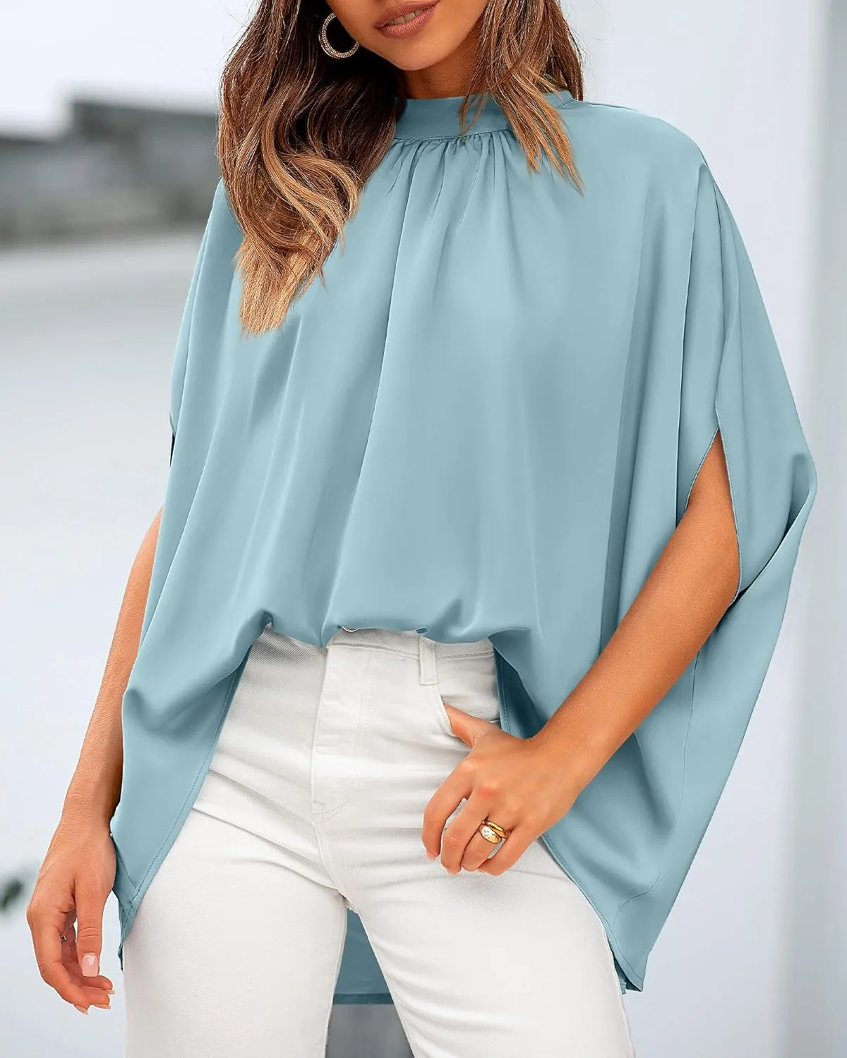 BTFBM Women Mock Neck Summer Tops 2025 Spring Batwing Short Sleeve Loose High Low Hem Casual Oversized Blouses Shirts