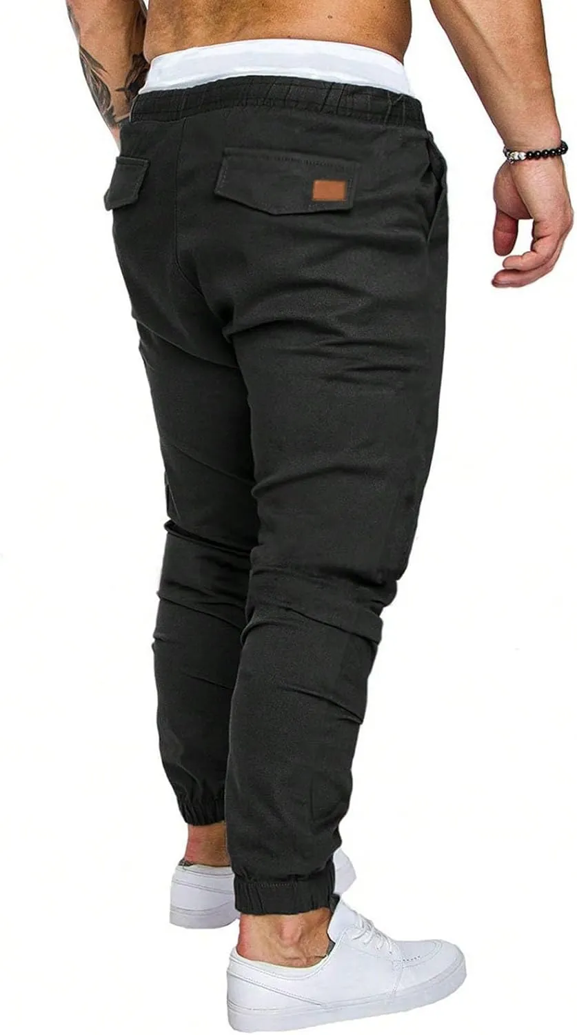 Cargo Pants for Men Slim Fit Elastic Waisted Baggy Stretch Joggers Lightweight Athletic Drawstring Hiking Pants with Pockets