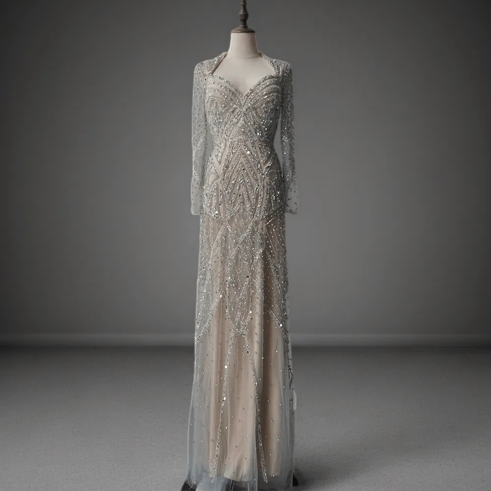 Champagne Beaded V-Neck Sequin Dress with Long Sleeves - Elegant Sequin Evening Gown Plus Size