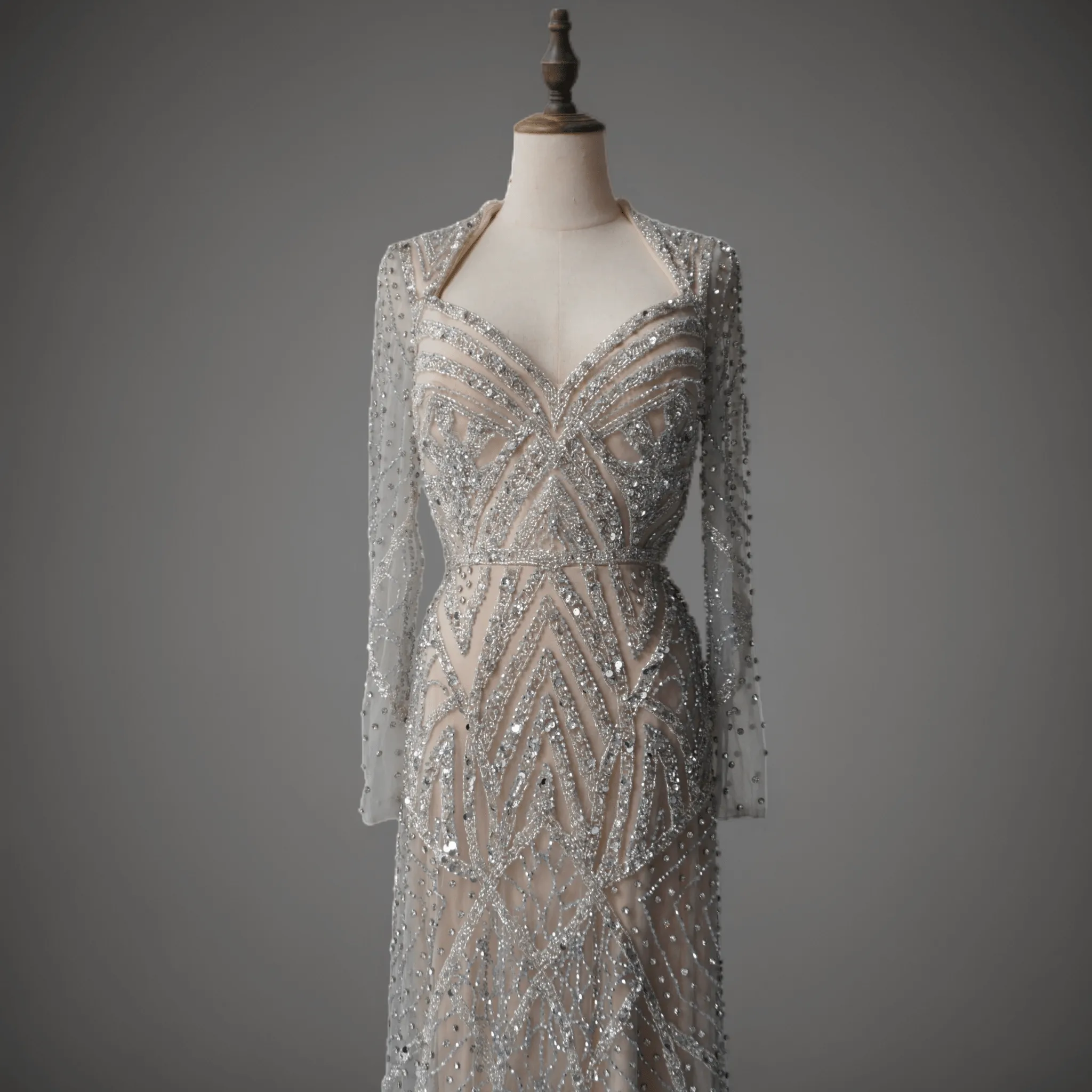 Champagne Beaded V-Neck Sequin Dress with Long Sleeves - Elegant Sequin Evening Gown Plus Size