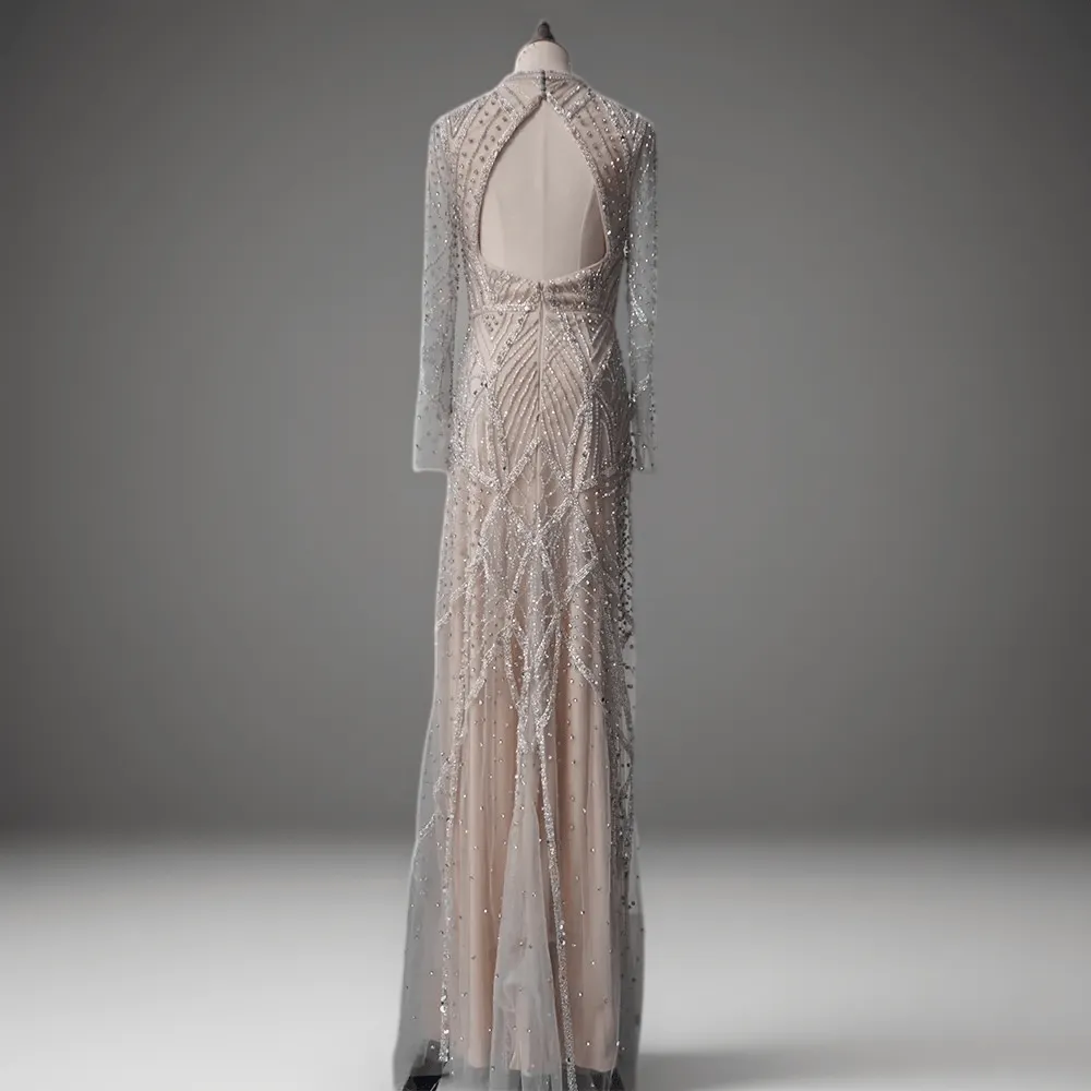 Champagne Beaded V-Neck Sequin Dress with Long Sleeves - Elegant Sequin Evening Gown Plus Size