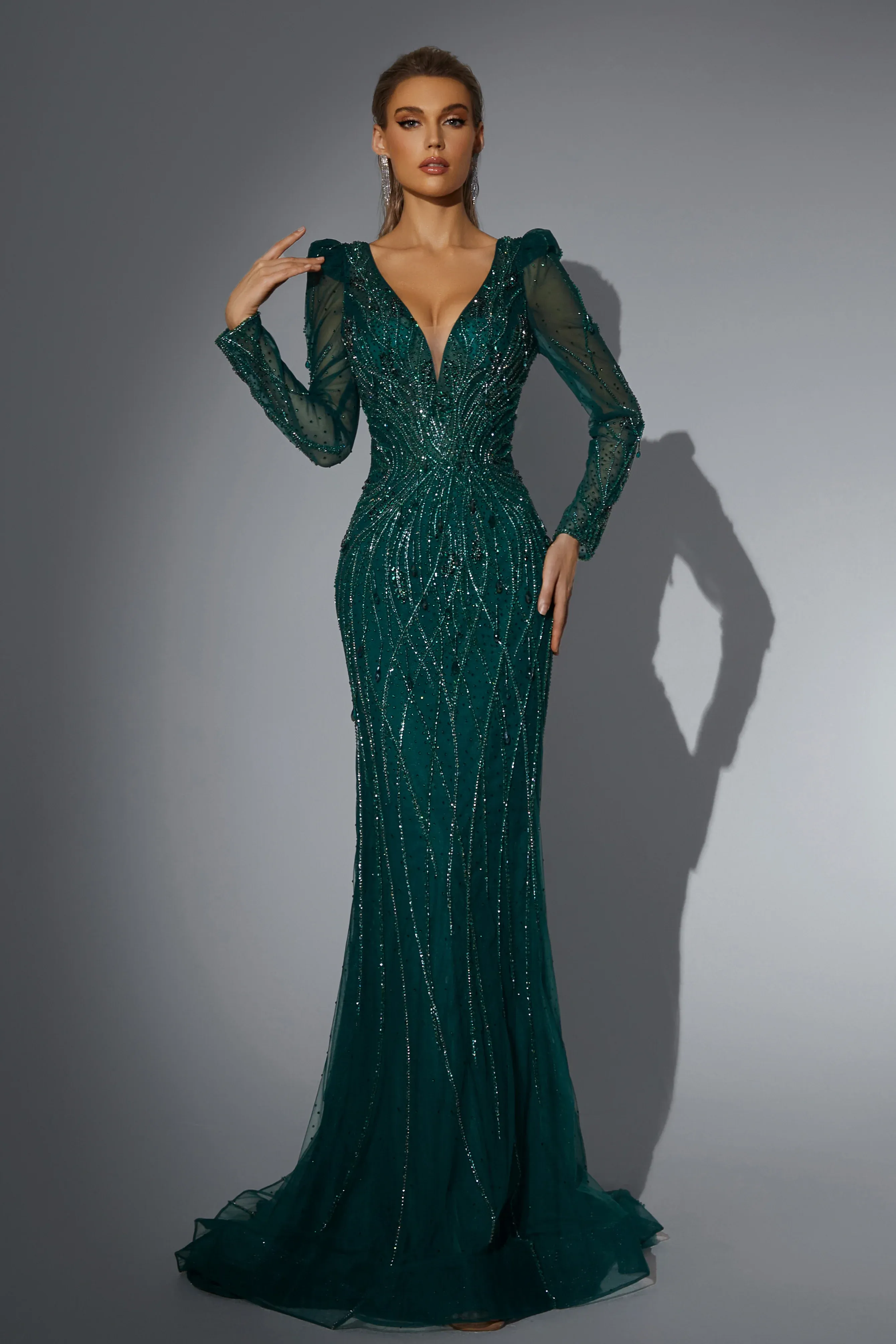 Champagne Dress for Wedding Guest with Long Sleeves - Pretty Sequin Dress with Illusion Details - Illusion Formal Dress Plus Size