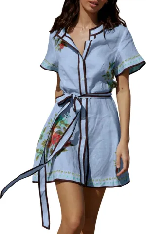 CHARTOU Women's Floral Linen Button Down Wrap Tie Knot Boho Beach Shirt Dress with Belt