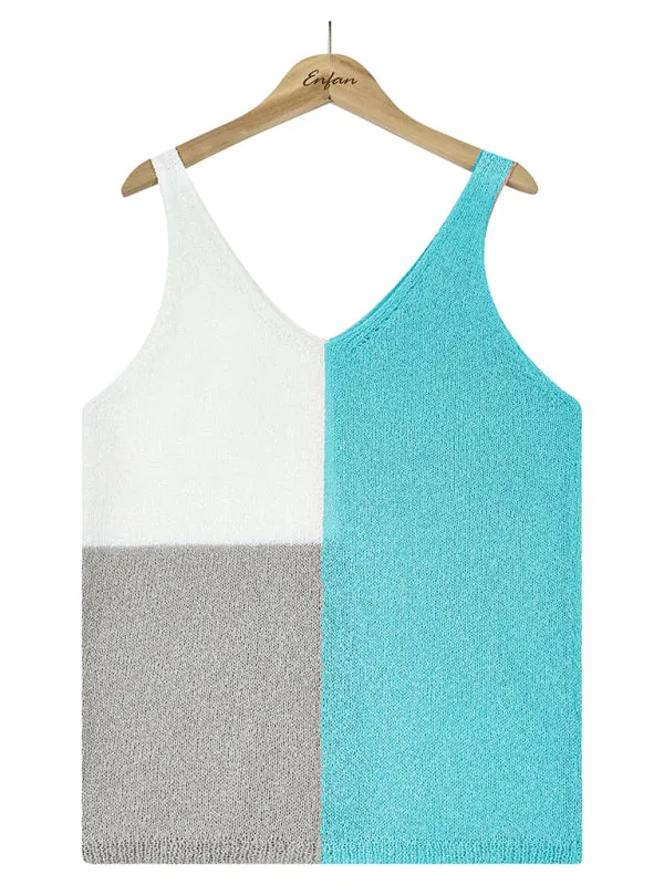 Circe Women's Splicing Contrasting Color V-Neck Casual Knit Tank Top
