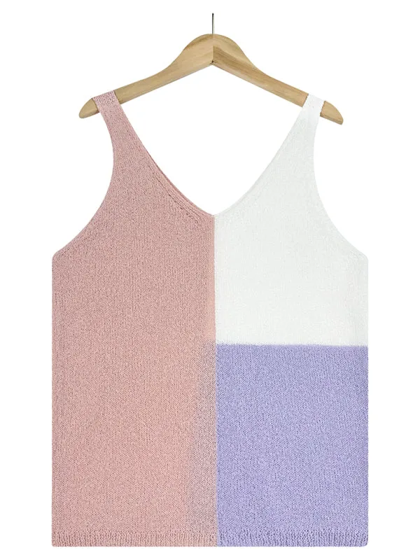 Circe Women's Splicing Contrasting Color V-Neck Casual Knit Tank Top