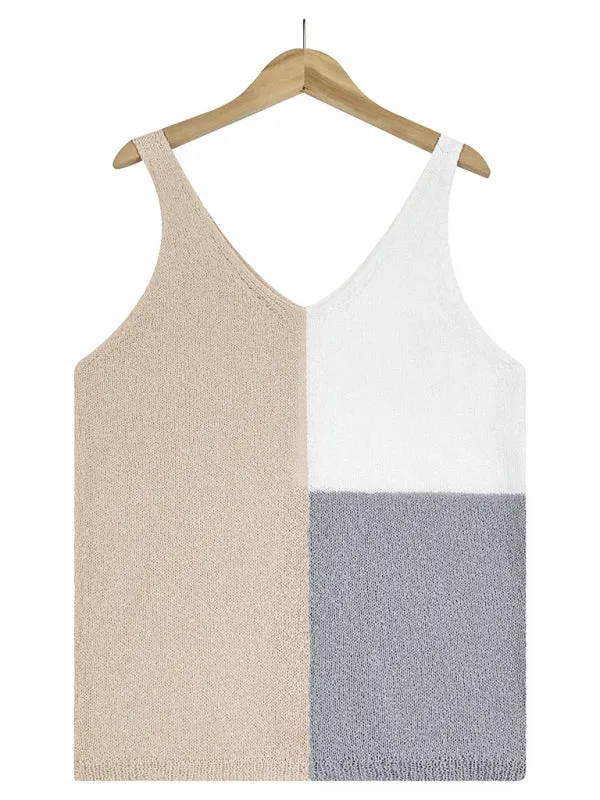 Circe Women's Splicing Contrasting Color V-Neck Casual Knit Tank Top