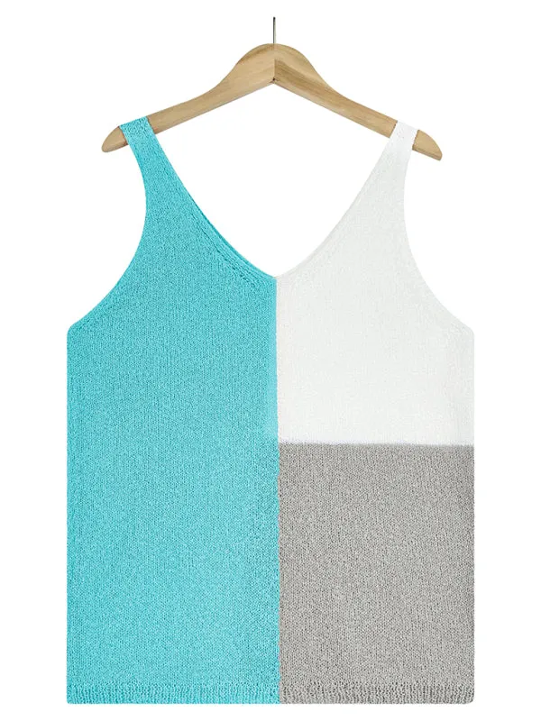 Circe Women's Splicing Contrasting Color V-Neck Casual Knit Tank Top