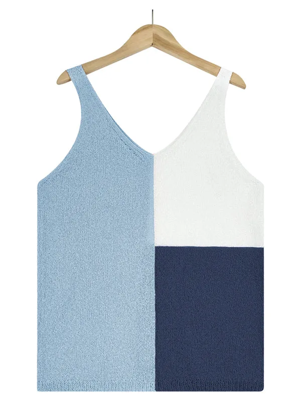 Circe Women's Splicing Contrasting Color V-Neck Casual Knit Tank Top