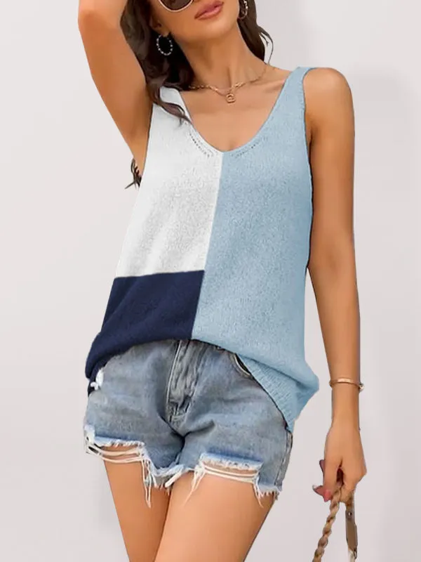 Circe Women's Splicing Contrasting Color V-Neck Casual Knit Tank Top