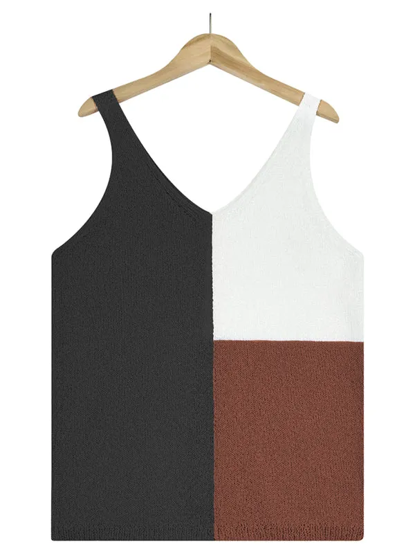 Circe Women's Splicing Contrasting Color V-Neck Casual Knit Tank Top