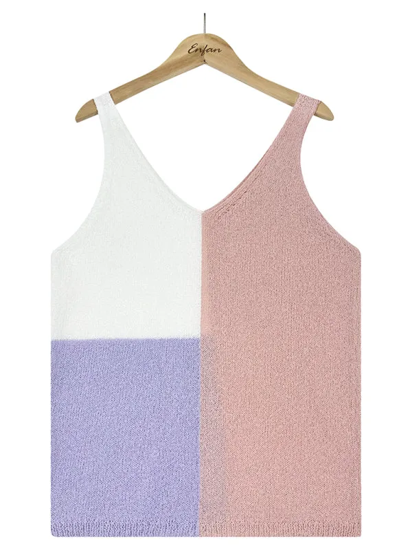 Circe Women's Splicing Contrasting Color V-Neck Casual Knit Tank Top
