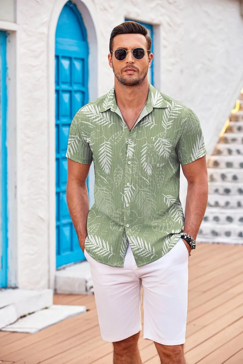 COOFANDY Men's Casual Button Down Shirts Short Sleeve Textured Summer Beach Shirt with Pocket