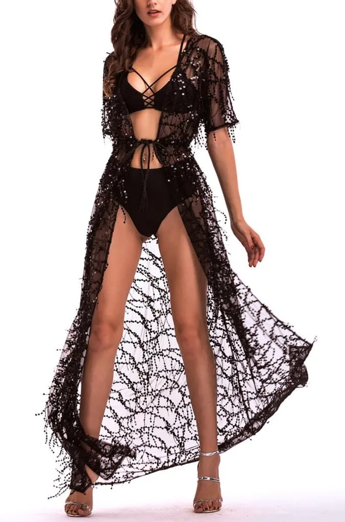 Cresay Women Lingerie Sequins Sexy Long Dress Sheer Gown Kimono Robe