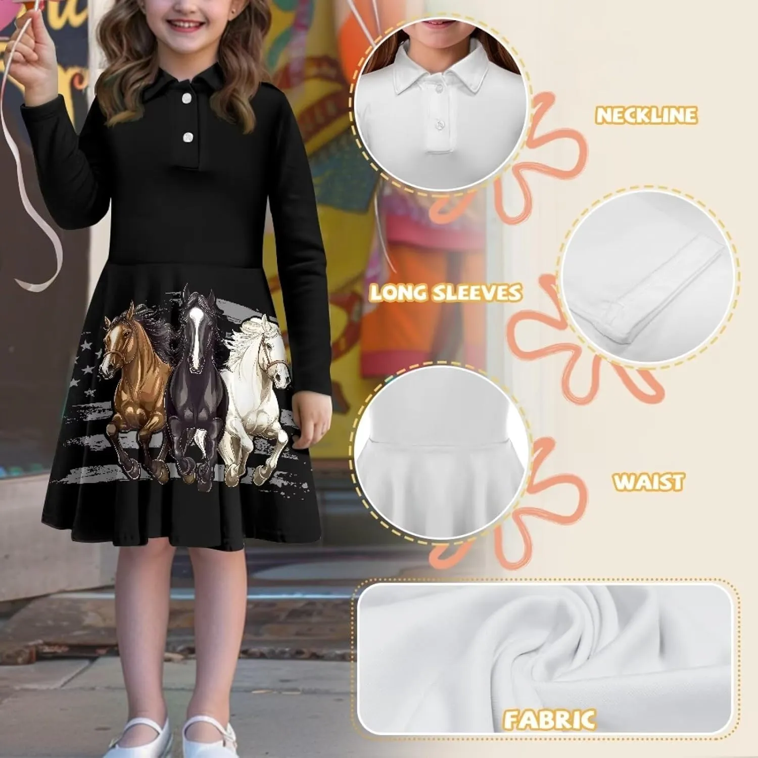 Dress for Girl 3-14T Fall Long Sleeve Clothes A Line Swing Twirly Skater Tunic Dresses Kids Back to School Outfits