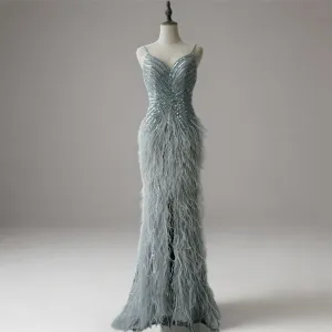Elegant Blue Sequin and Feather Dress with Slit - Pretty Sequin Dress with Spaghetti Straps Plus Size