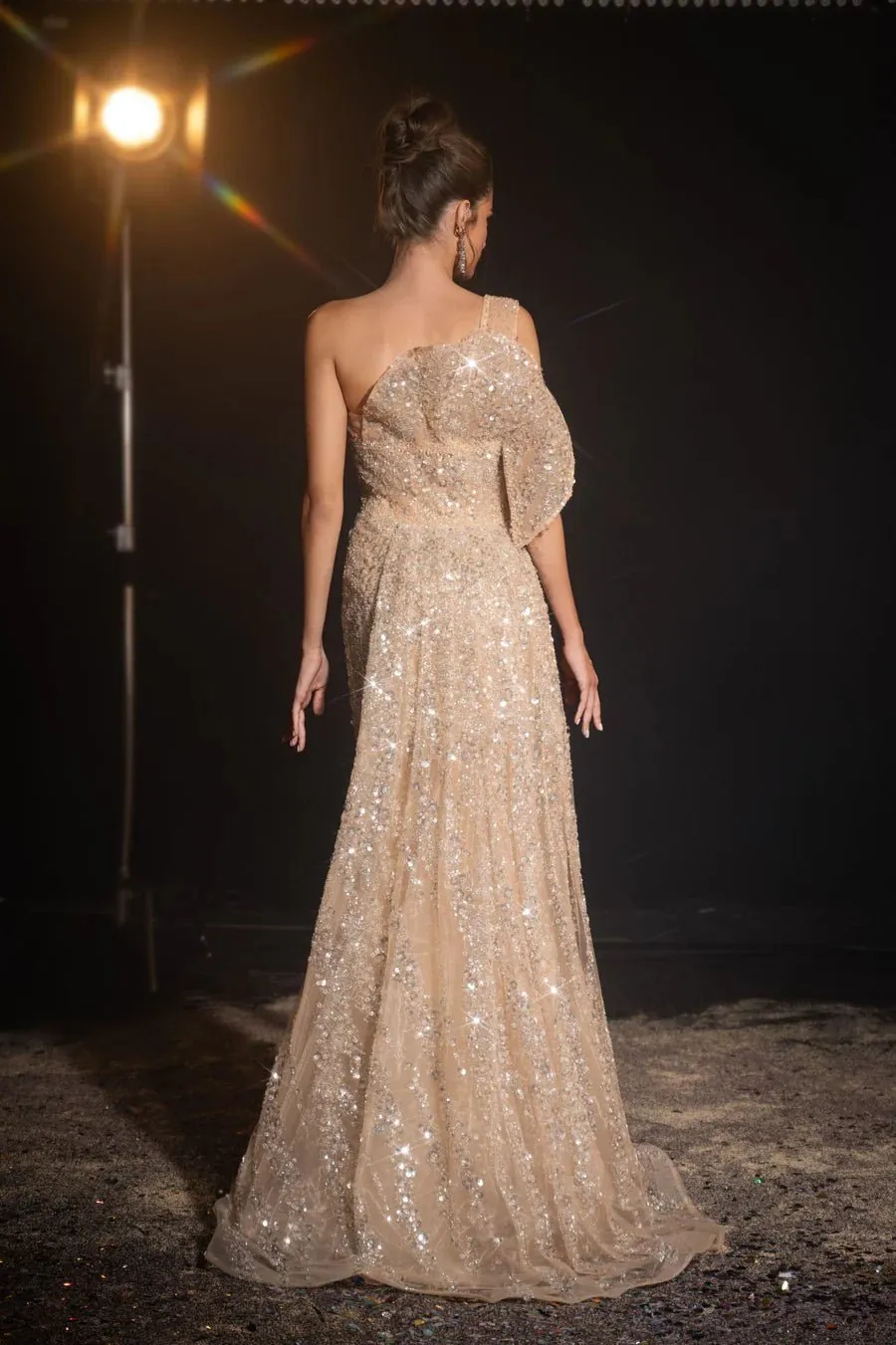 Elegant Champagne Gold Sequin Evening Gown - Glitter One-Shoulder Dress - Pretty Sequin Dress for Special Occasions Plus Size