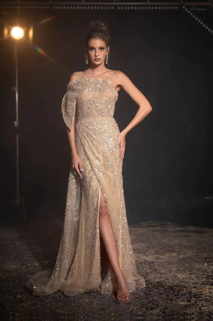 Elegant Champagne Gold Sequin Evening Gown - Glitter One-Shoulder Dress - Pretty Sequin Dress for Special Occasions Plus Size