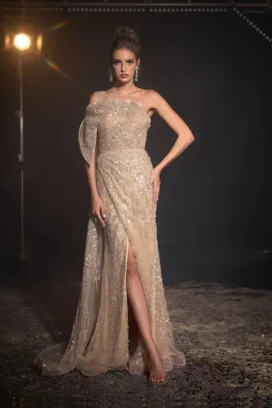 Elegant Champagne Gold Sequin Evening Gown - Glitter One-Shoulder Dress - Pretty Sequin Dress for Special Occasions Plus Size