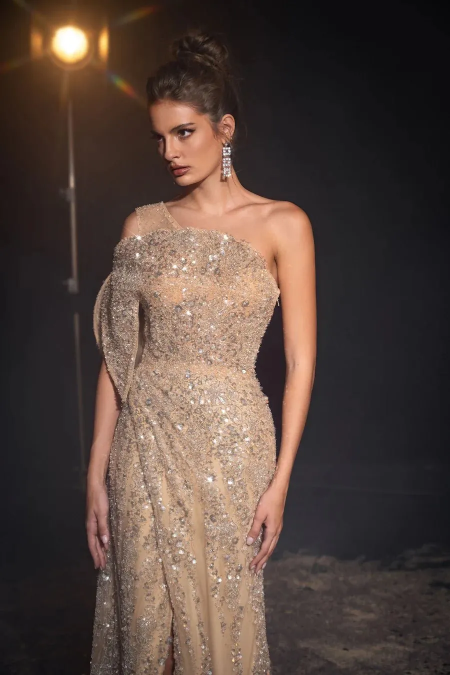Elegant Champagne Gold Sequin Evening Gown - Glitter One-Shoulder Dress - Pretty Sequin Dress for Special Occasions Plus Size